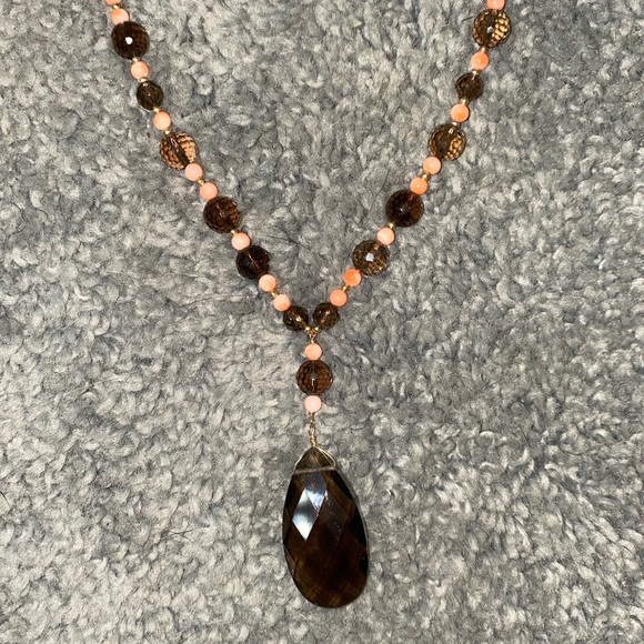Vintage coral and smokey topaz stone necklace 14K - Picture 4 of 9